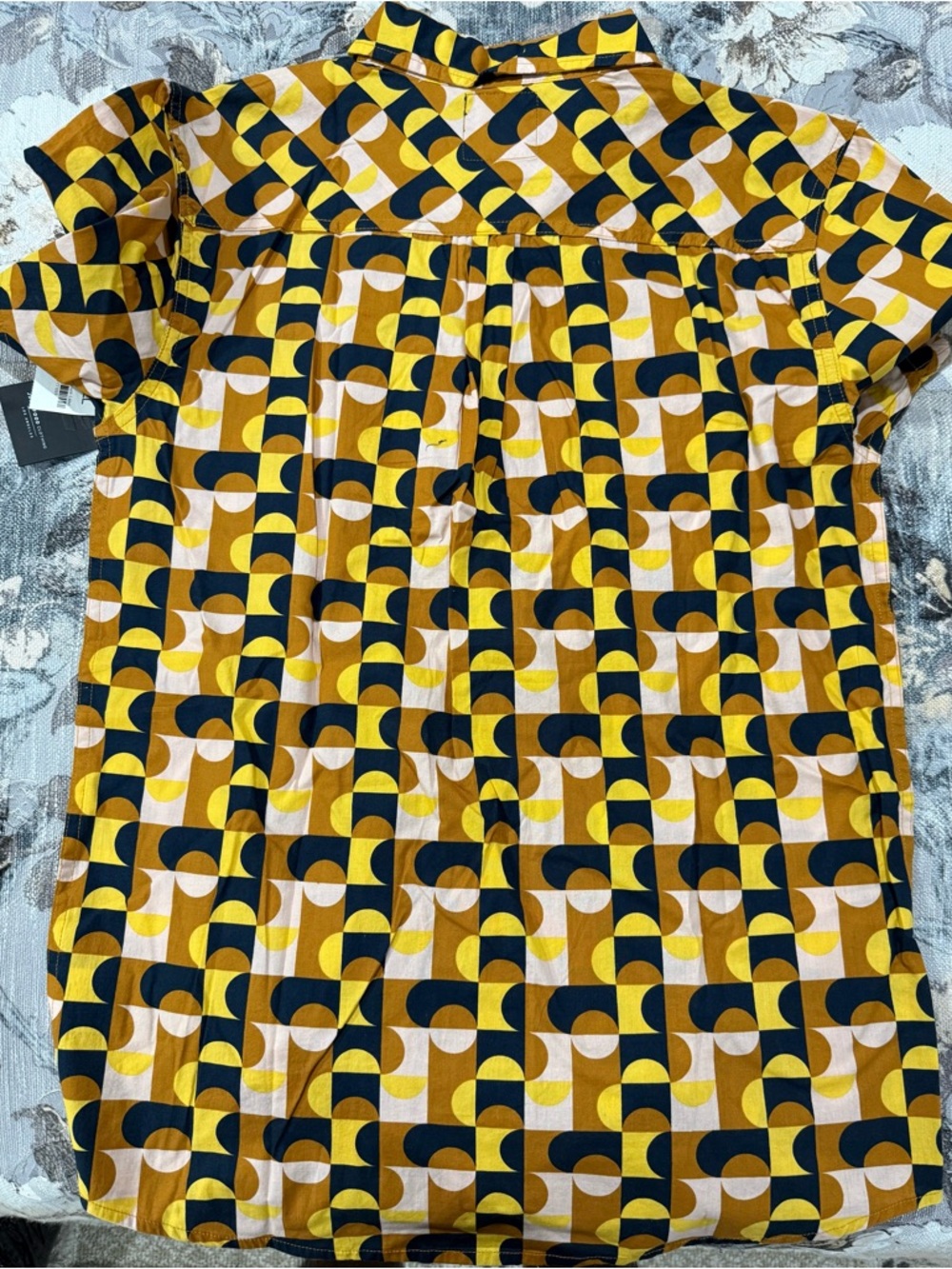 Retro Geometric Short Sleeve Button-Up Shirt in Mustard, Navy & Cream